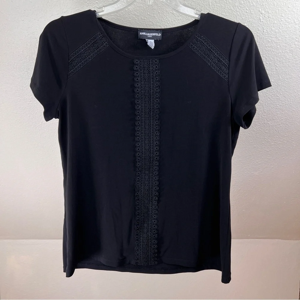 KARL LAGERFELD Black Pullover top with Lace Trim Embellishments on front. Size M